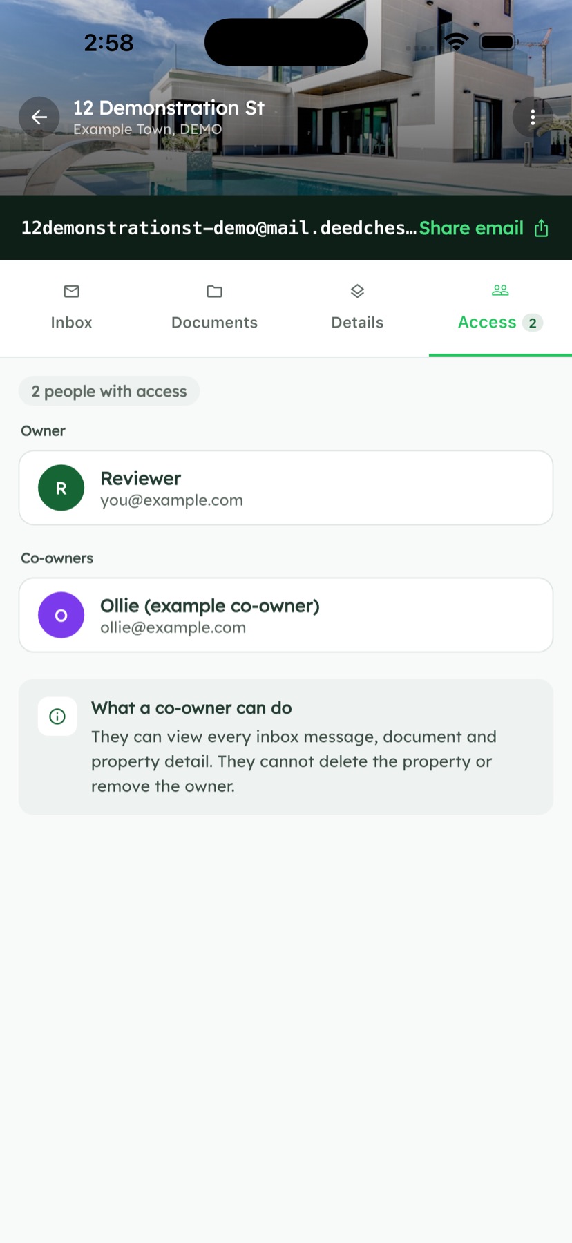 The access screen in Deedchest showing the owner and a co-owner who can see this property
