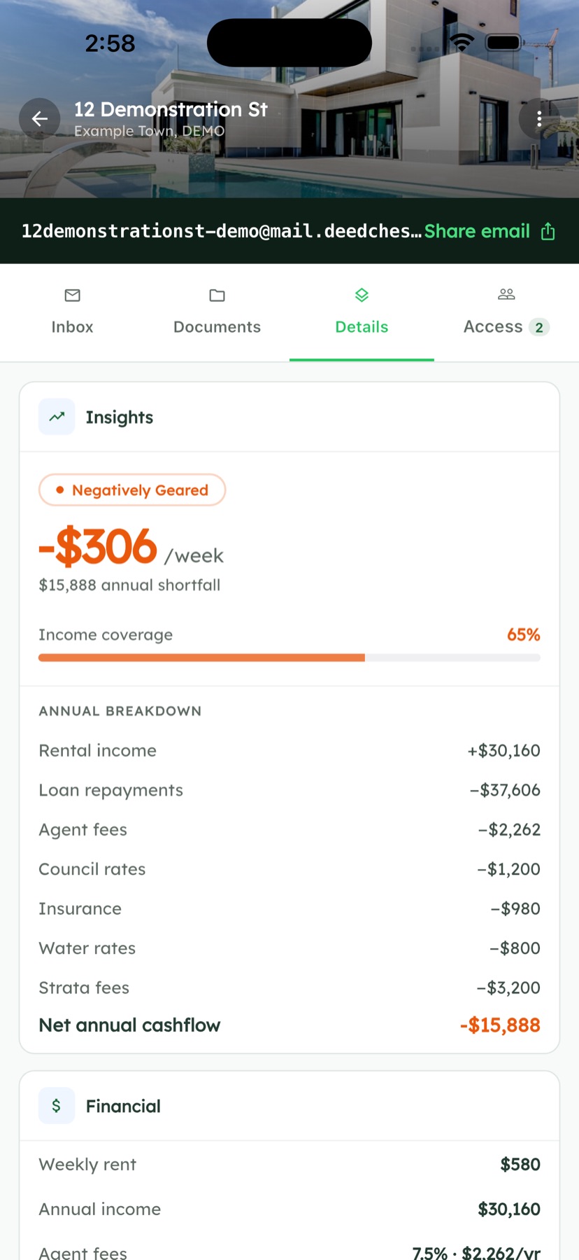 The property details screen in Deedchest showing weekly cashflow, income coverage and an annual breakdown of income and expenses