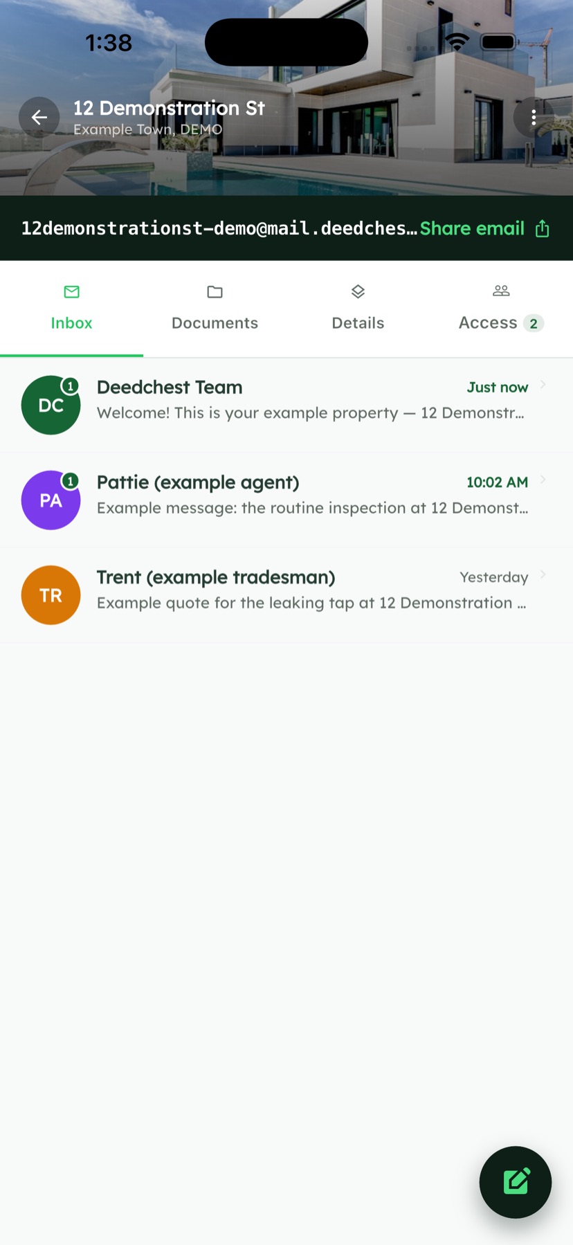 A property inbox in Deedchest showing email threaded by sender, with the property's own email address across the top