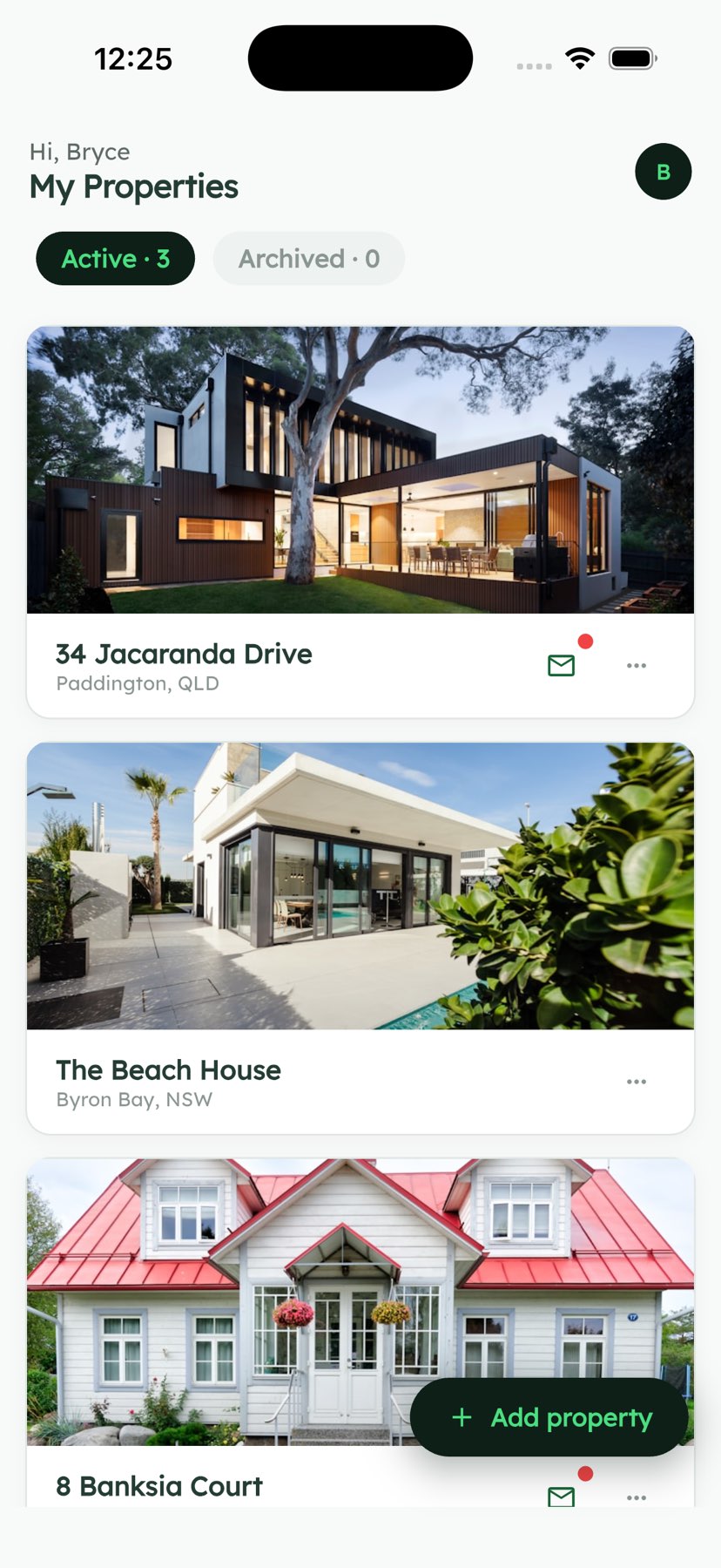 The Deedchest My Properties screen on iPhone, listing three active investment properties each with its own photo and suburb, with unread-mail indicators on the ones that have new mail